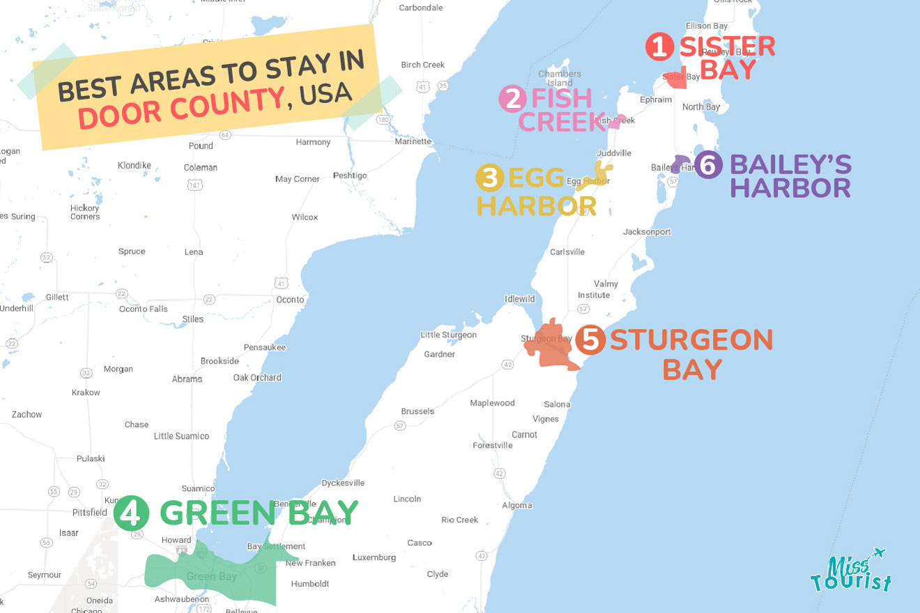 Map of best places to stay Door County